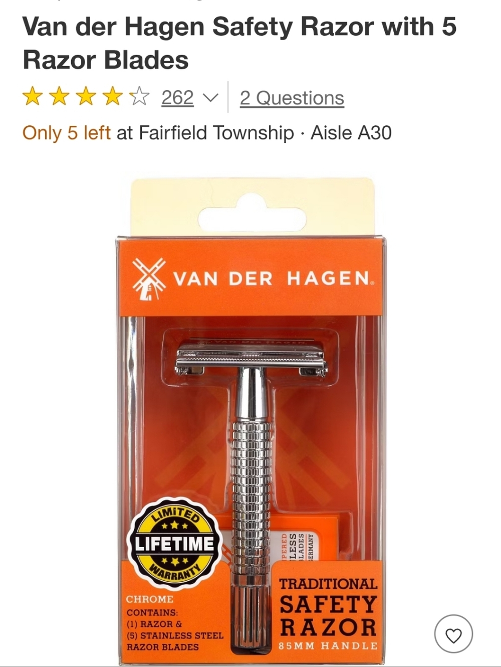 NWT Van Der Hahen Chrome Safety Razor in Orange Packaging